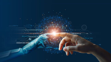 AI, Machine learning, Hands of robot and human touching on big d