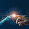 AI, Machine learning, Hands of robot and human touching on big d