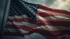 Vintage American flag billows against dramatic sky. Stars, stripes symbolize heritage, patriotism, independence. Aged fabric evokes somber mood perfect for Presidents Day, Memorial Day, 4th July. Us
