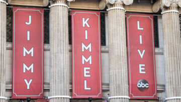 OCTOBER 16 2018 – HOLLYWOOD CALIFORNIA: Banners for the Jimmy Kimmel Live television show on Hollywood Blvd in Los Angeles