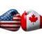 Boxing gloves with US and Canadian flags symbolize the trade war between the two countries.