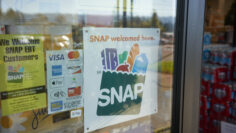 Portland, OR, USA – Oct 28, 2020: “SNAP welcomed here” sign is seen at the entrance to a Big Lots store in Portland, Oregon. The Supplemental Nutrition Assistance Program (SNAP) is a federal program.
