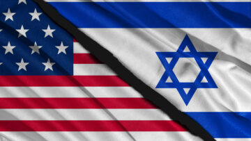 US flag illustration combines ISRAEL flag, satin texture waving decoration background. 3d illustrations