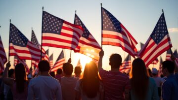 People holding the Flags of the USA. High quality