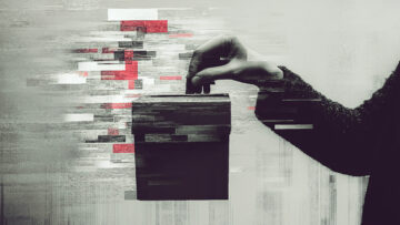 A hand holding a ballot box merged with fake news and manipulated algorithms, highlighting election interference