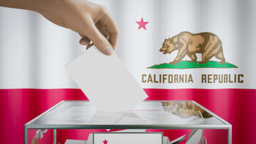California flag, hand dropping ballot card into a box – voting, election concept – 3D illustration
