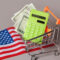 Shopping Cart trolley, Green Calculator, American Flag. Concept Inflation for Grocery Expenses and Consumerism. Cost of Living