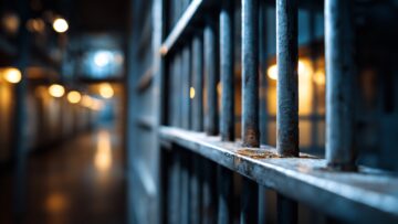 Grim prison bars cast long shadows down a dimly lit, desolate corridor, evoking themes of confinement and justice