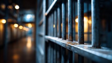 Grim prison bars cast long shadows down a dimly lit, desolate corridor, evoking themes of confinement and justice