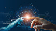 AI, Machine learning, Hands of robot and human touching on big d