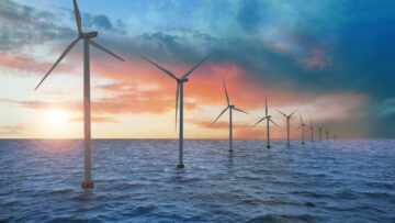 Floating wind turbines installed in sea. Alternative energy sour