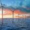 Floating wind turbines installed in sea. Alternative energy sour
