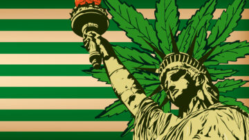 Statue of Liberty, USA flag with cannabis leafs, vector