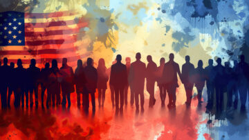 Conservative Convocation: A Gathering of Republican Supporters in a Campaign Event, Against an Abstract Background to Capture the Momentum and Unity of Conservative Values in Political Mobilization