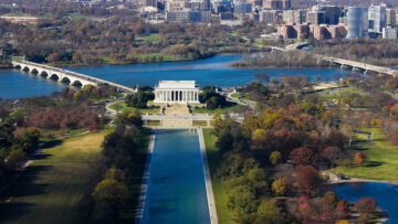 Aerial view of the western-side of the National Mall including the Reflecting Pool & Lincoln Memorial, Washington DC