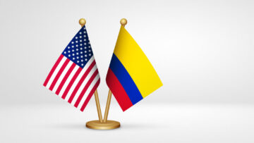 USA vs Colombia desk flags mockup 3d illustration. Versus flag of US United States of America