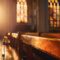Wooden pews bathed in warm sunlight inside a serene church, colorful stained glass windows casting patterns,