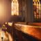 Wooden pews bathed in warm sunlight inside a serene church, colorful stained glass windows casting patterns,