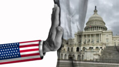 American Government Shutdown and US Government and Closed federal system that is shut down or closing as the United States stalemate due to spending bill disagreement between the left and right.