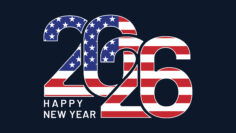2026 USA American Flag Numbers Isolated Background Happy New Year Greetingcard Vector Illustration