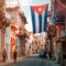 Cuban flags, people and aged buildings in Old Havana