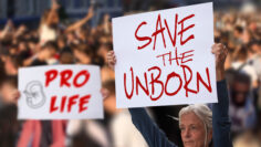 Protesters holding signs Save the unborn, Pro Life. People with placards against abortion rights at protest rally demonstration. Concept image.