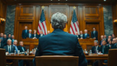 A Federal Reserve official testifying before Congress, with American flags and government officials in the background, highlighting the significance of economic policy discussions.