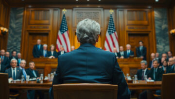 A Federal Reserve official testifying before Congress, with American flags and government officials in the background, highlighting the significance of economic policy discussions.