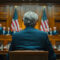 A Federal Reserve official testifying before Congress, with American flags and government officials in the background, highlighting the significance of economic policy discussions.