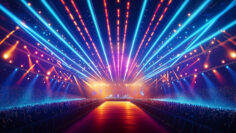 Photograph of a Super Bowl halftime show with vibrant lights, performers on stage, fans in the background