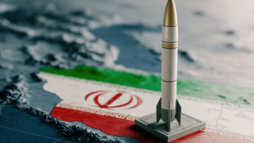 A missile is positioned over an Iran map, symbolizing defense, geopolitics, and potential international tensions in the Middle East.