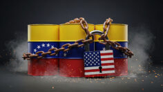 Locked Oil Barrels with American and Venezuelan Flags Symbolizing Energy Trade Restrictions
