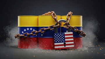 Locked Oil Barrels with American and Venezuelan Flags Symbolizing Energy Trade Restrictions