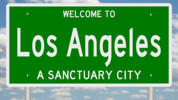 Rendering of a green 3d highway sign for sanctuary city Los Angeles, California