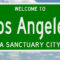 Rendering of a green 3d highway sign for sanctuary city Los Angeles, California
