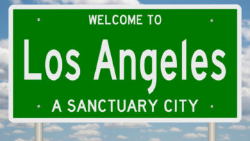 Rendering of a green 3d highway sign for sanctuary city Los Angeles, California