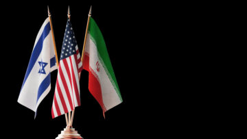 Geopolitical Tension And Diplomacy Concept. Israel, USA, And Iran Flags On Golden Stand. 3d Rendering
