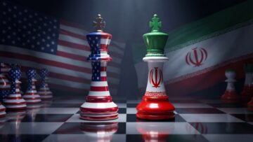 Chess pieces representing the United States and Iran stand opposed on a chessboard, with flags in the background, symbolizing geopolitical tension and strategic rivalry