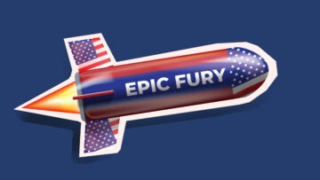 Operation Epic Fury rocket sticker with USA flag. 3D patriotic missile illustration for 4th of July and military concepts. Flying US bomb against IRAN with flame isolated on blue background vector