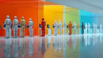 Robots on the rise: navigating job competition in the age of automation. Cinematic glow. Vibrant scene of humans and robots competing for employment opportunities. Editorial style.