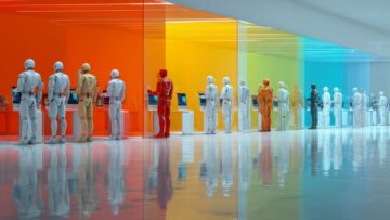 Robots on the rise: navigating job competition in the age of automation. Cinematic glow. Vibrant scene of humans and robots competing for employment opportunities. Editorial style.
