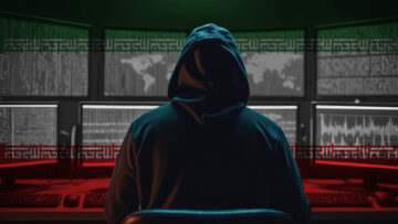 Cyber threat from the Iran. Hacker at the computers on a background of monitors, colors of the Iran flag.