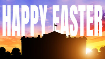Happy Easter sign on White House silhouette and US flag background.