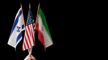 Geopolitical Tension And Diplomacy Concept. Israel, USA, And Iran Flags On Golden Stand. 3d Rendering