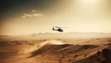 A military chopper flying low over a desert landscape, kicking up a plume of dust, the harsh sun casting long shadows, the rugged terrain stretching out to the horizon