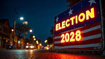 Illuminated Election 2028 sign with American flag design on street corner at twilight