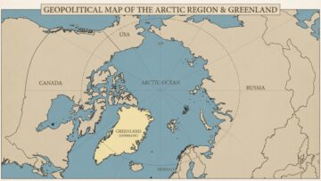 Geopolitical map of the arctic region showing countries, borders, contested territorial claims, shipping routes and environmental risks around the north pole and arctic ocean
