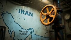 Old rusty metal valve on industrial pipe with background map of Iran and strait of Hormuz symbolizing global oil supply security energy crisis and geopolitical tensions in region today