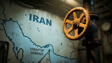 Old rusty metal valve on industrial pipe with background map of Iran and strait of Hormuz symbolizing global oil supply security energy crisis and geopolitical tensions in region today