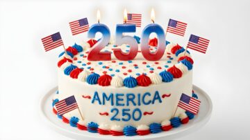 America 250th birthday cake with american flags and candles